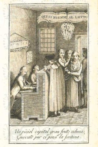 INDOVINO FORTUNATO - Il vero mezzo per vincere all estrazione dè lotti. O sia una nuova Lista Generale Contenente quasi tutte le voci delle cose Popolaresche appartenenti alle Visioni e Sogni col loro numero. Esposte per ordine alfabetico Opera di Fortunato Indovino Da esso estratta dai Vecchi Libretti dell’Anonimo Cabalista e di Albumazar da Carpenteri. Accresciuta di 985 voci ed ora in questa ultima edizione se ne aggiungono altre oltre delle 90 Figure esprimenti le Arti il giuoco ( gioco ) del Barone. i numeri dell’estrazioni passate. la tariffa de’ prezzi e il numero degli Ambi e Terni che formano li 90 numeri con le cabale numeriche in versi ed il virtuoso pentagono. V’è annesso il giuoco romano e i numeri delle contrade di Venezia. Tre nuove Cabale un d’ignoto autore le Tavole Astronumeralgebrate quali servono per la cabala perpetua di Rutilio Benincasa calcolate ad ogni polo e per tutte le estrazioni di qualunque città. La cabala veridica di Salomone la quale come denota Rutilio Benincasa si chiama Celeste e corrisponde agli Astri della di lei formazione in Piramide. Avvertendo il lettore che li Numeri segnati in margine con questo asterisco sono d ignoto Autore ed aggiunti all’altre Edizioni