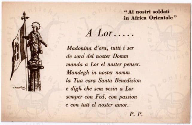 Cartolina_d_epoca_Mazzolani_Enrico_Milano_Madonnina_soldati_Africa_Orientale_poesia_dialetto