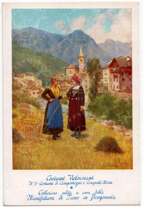 Cartolina_d'epoca_regionalismo_ Piemonte_Vercelli_Val_Sesia_costumi_regionali_Campertogno_Campello_Monti