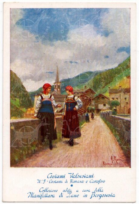 Cartolina_d'epoca_regionalismo_ Piemonte_Vercelli_Val_Sesia_costumi_regionali_Rimasco_Carcoforo
