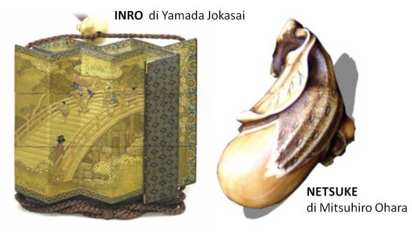 A sinistra: Inro a tre scomparti opera di Yamada Jokasai, A destra: Katabori netsuke raffigurante due melanzane Opera di Mitsuhiro Ohara.
